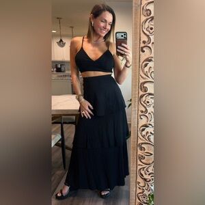 Women's Black Tiered Maxi Skirt and Bralette Flowy Layered Silhouette